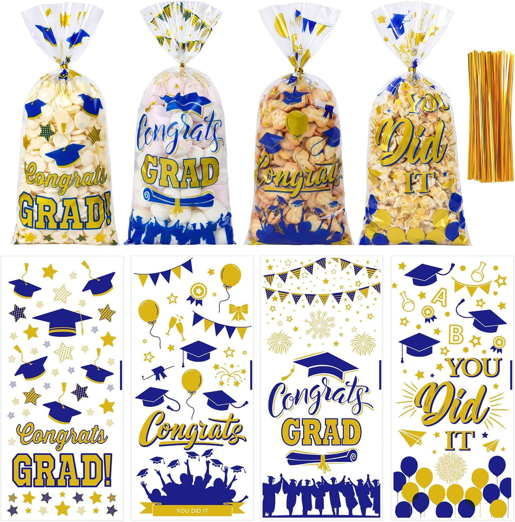 QOIUSO 100 PCS Graduation Cellophane Treat Bags - Congrats Graduates Candy Plastic Clear Goodies Wrapping Bags with 110 PCS Twist Ties for Graduation Day Grad Party Supplies