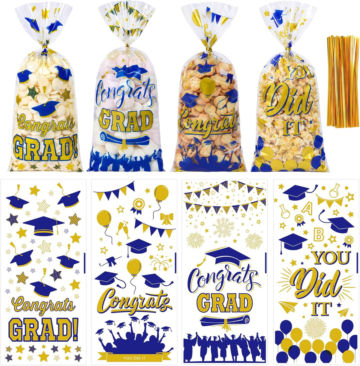 QOIUSO 100 PCS Graduation Cellophane Treat Bags - Congrats Graduates Candy Plastic Clear Goodies Wrapping Bags with 110 PCS Twist Ties for Graduation Day Grad Party Supplies