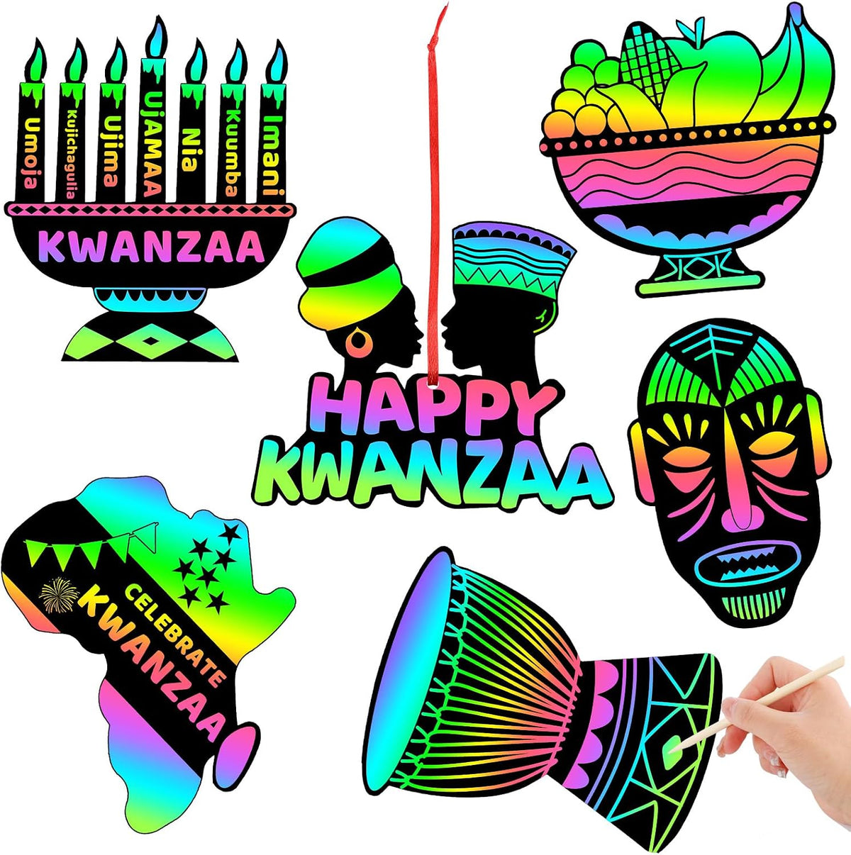 JULMELON 36 PCS Kwanzaa Crafts for Kids Holiday Magic Rainbow Scratch Cards