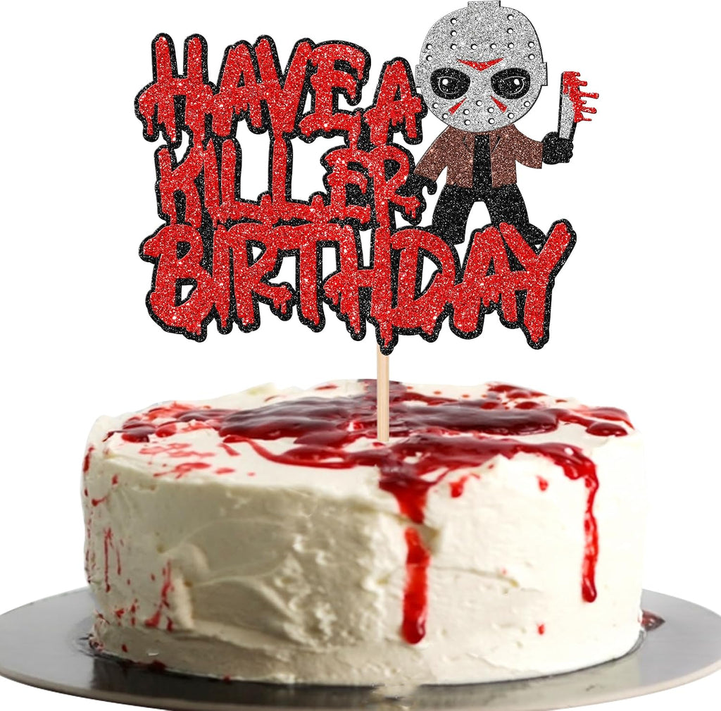 1 PCS Have a Killer Birthday Cake Topper - Glitter Horror Classic Halloween Cake Pick for Bloody Horror Theme Party Cake Decorations Supplies