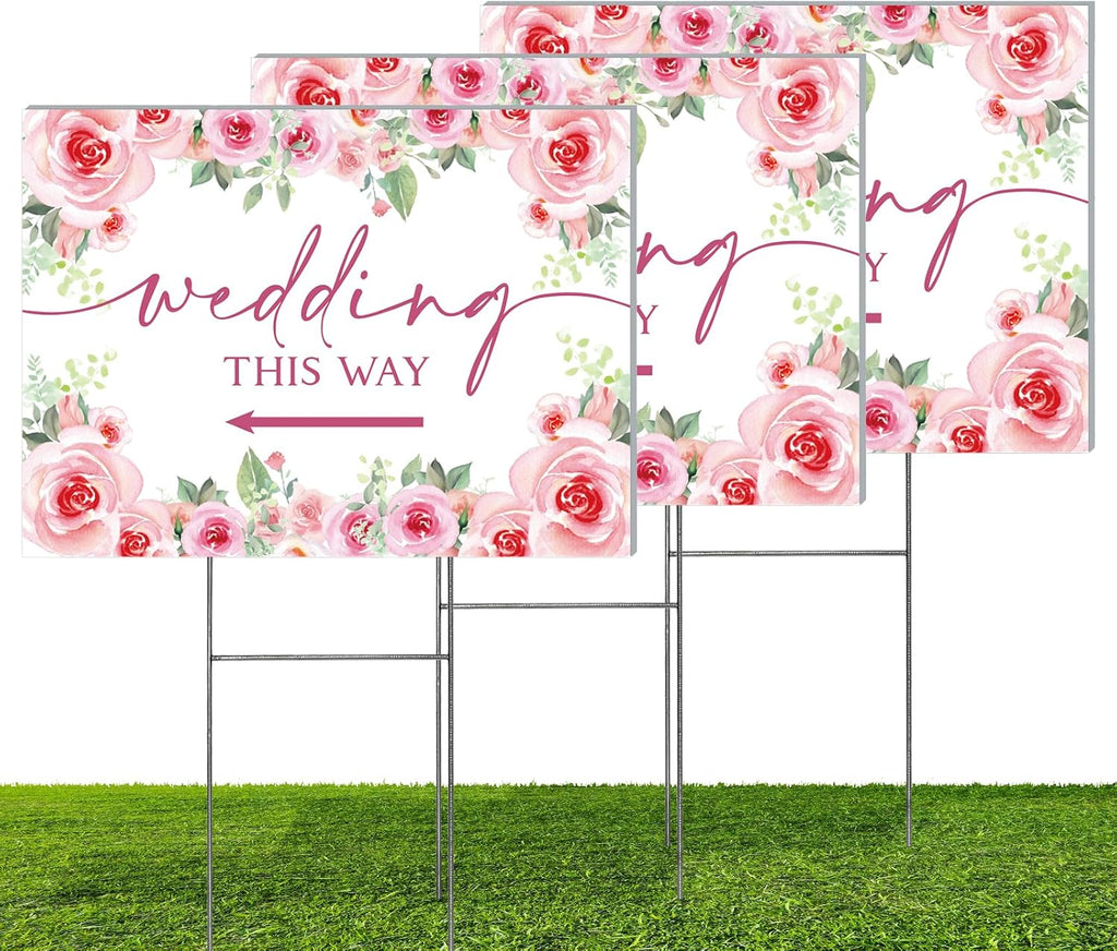 3 Pack 14.5” x 10.5” Wedding This Way Signs Double Sided Printed Wedding Direction Sign with Stakes for Ceremony Reception Lawn Yard Direction Arrow Signs Exquisite Plastic Rainproof Party Supplies,Rose Floral