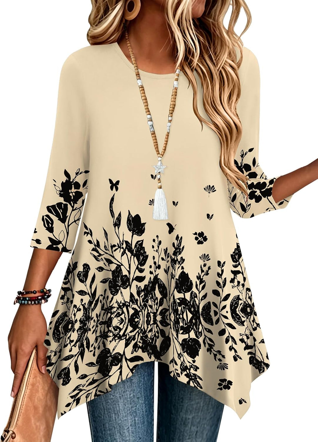 Zeagoo Womens Tops 3/4 Sleeve Loose Fit Dressy Tunics Plus Size Boho Shirts