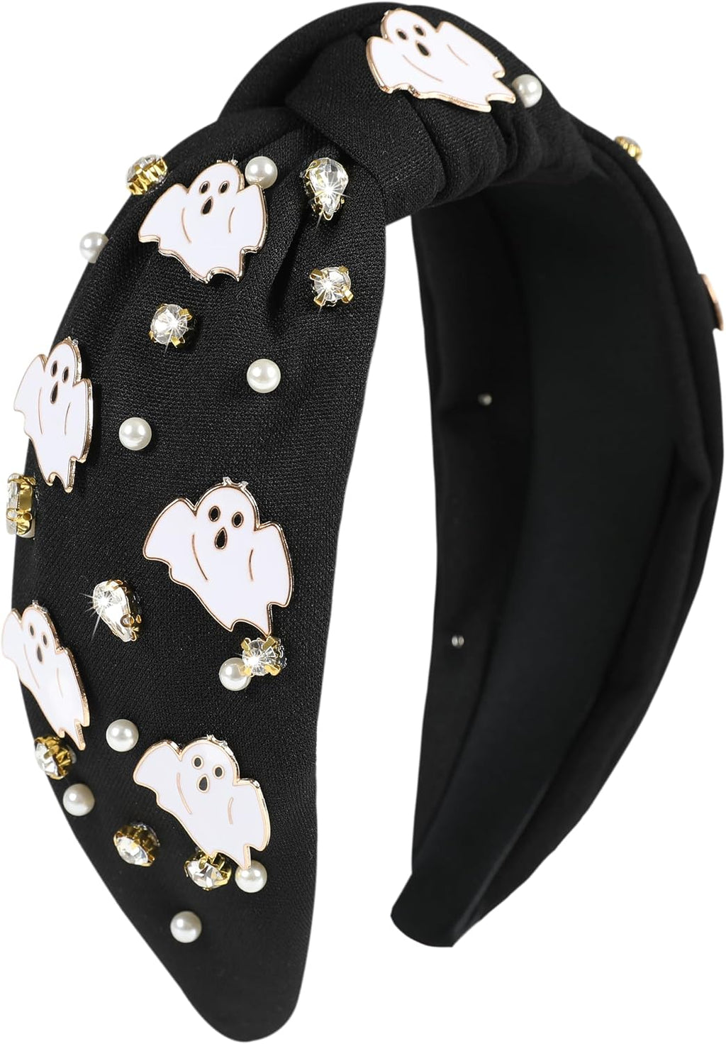 Halloween Ghost Headbands for Women Girls Spooky Beaded Crystal Rhinestone Knotted Headband Ghost Costume Hair Accessories Halloween Holiday Cosplay Party Favors
