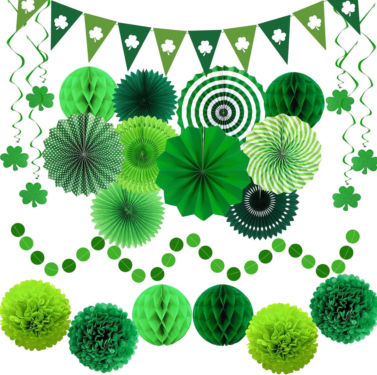 24 Pcs Green Birthday Decorations Kit, Paper Fans Pom Poms Banner 8-16 in