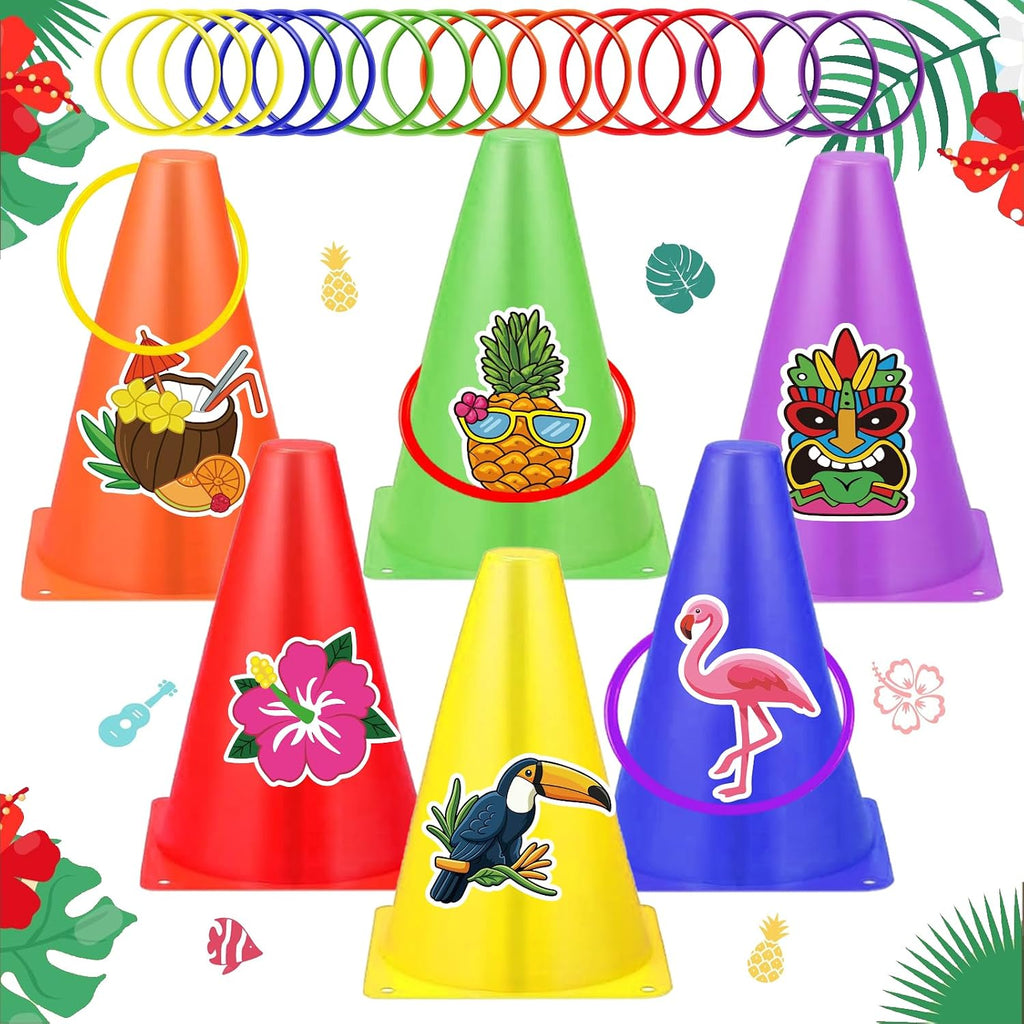 Hawaii Ring Toss Game Set, Luau Party Tossing Game with 6 Plastic Cones, 18 Colorful Rings, Beach Lawn Games for Kids Adults, Hawaiian Tiki Party Supplies Indoor Outdoor Family Activities (Hawaii)