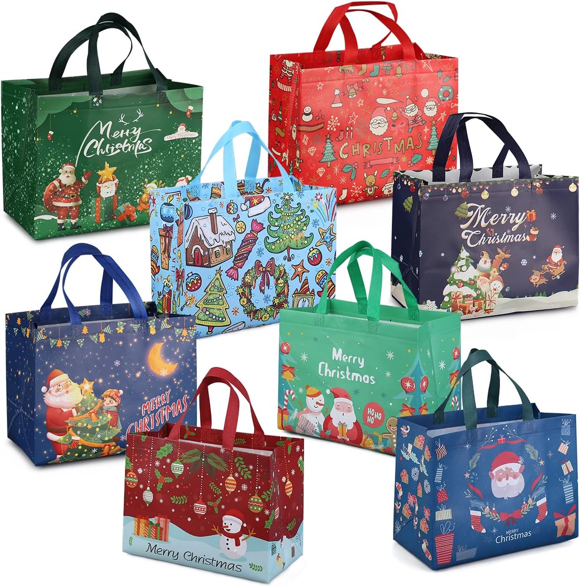 PARSUP 8PCS Christmas Gift Bags, Non-Woven Tote Treat Christmas Bags with Handles for Gifts Wrapping Shopping, Xmas Party Supplies, 12.8"×9.8"×6.7"