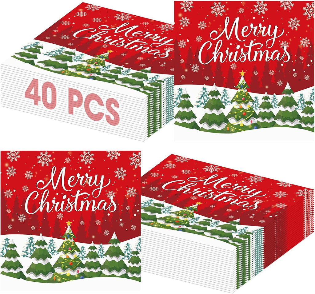 40 Pcs Merry Christmas Napkins - 13 Inch Christmas Cocktail Napkins Bulk, 3-Ply Red Disposable Xmas Tree Snowflakes Paper Hand Towels Tableware Set for Xmas Party Table Decorations Supplies Favors