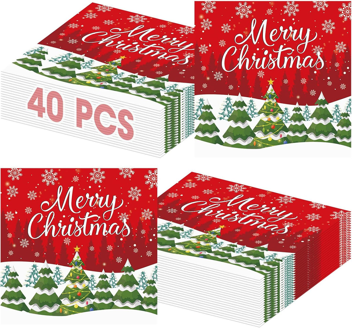 40 Pcs Merry Christmas Napkins - 13 Inch Christmas Cocktail Napkins Bulk, 3-Ply Red Disposable Xmas Tree Snowflakes Paper Hand Towels Tableware Set for Xmas Party Table Decorations Supplies Favors