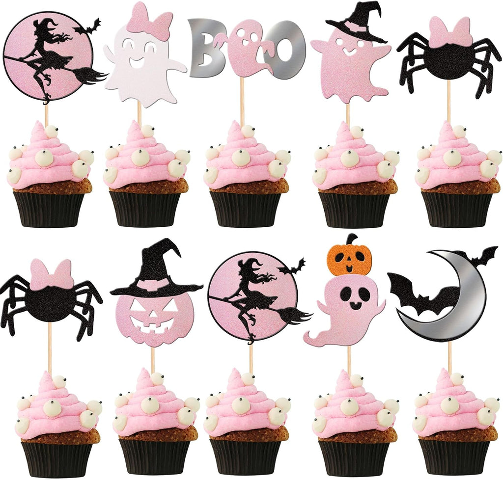 24 PCS Spooky Halloween Cupcake Toppers Pink Glitter Bat Pumpkin Spider Witch Ghost Boo Spooky Cupcake Picks for Halloween Theme Baby Shower Kids Birthday Party Cake Decorations Supplies