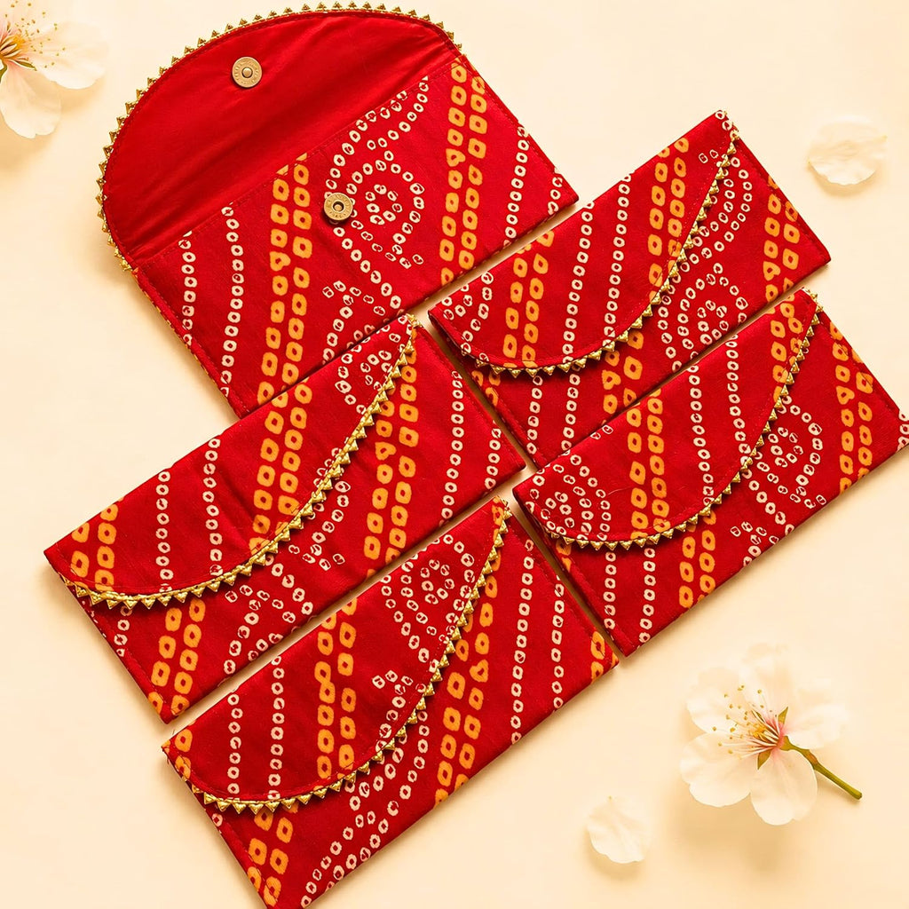 LoveNspire Brocade Fabric Money Envelopes (7.5 x 3.5 Inch) Decorative Bandhani Pattern Shagun Lifafa for Indian Wedding, Birthday | Cash Gift Holder & Home Savings Organizer Red/Pack of 20