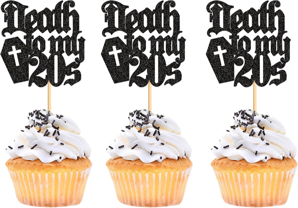 24Pcs Black Death to My 20s Cupcake Toppers Death to My Twenties Cupcake Picks for Gothic 30th Birthday Funeral 30th Birthday Anniversary Cupcake Decorations Rip to My Youth Emo Party Decorations