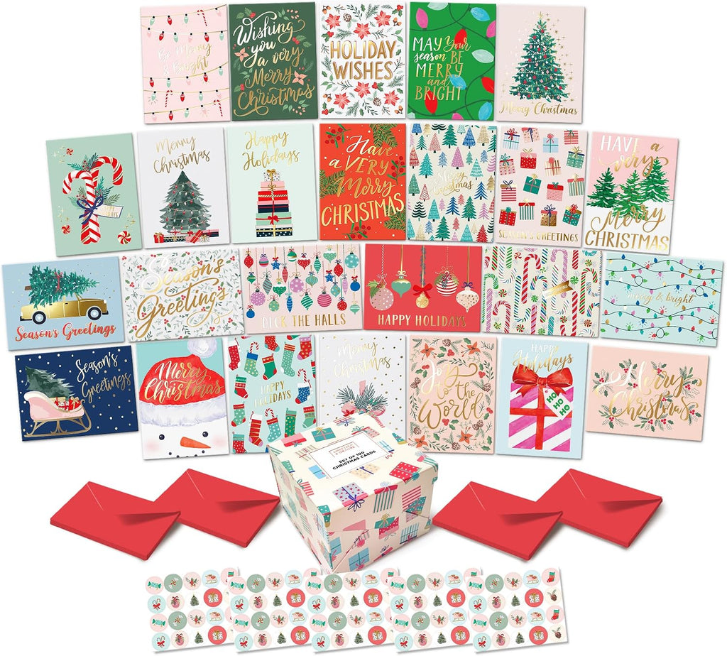 Sweetzer & Orange Boxed Christmas Cards Set – 100 Holiday Cards with Envelopes & Sealing Stickers – 25 Unique Designs with Gold Foil & Short Greetings – Bulk Assorted Christmas Greeting Cards