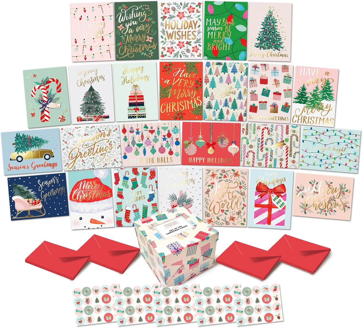 Sweetzer & Orange Boxed Christmas Cards Set – 100 Holiday Cards with Envelopes & Sealing Stickers – 25 Unique Designs with Gold Foil & Short Greetings – Bulk Assorted Christmas Greeting Cards
