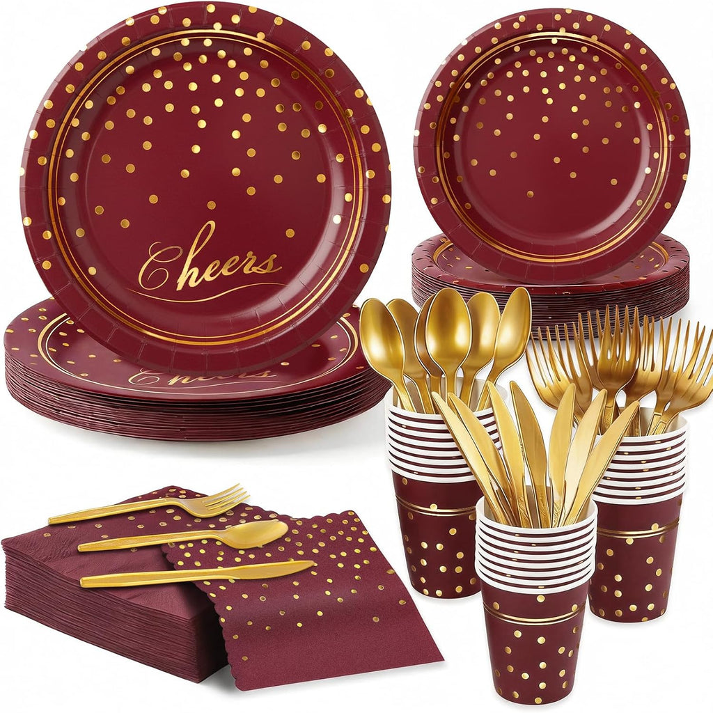 168Pcs Maroon and Gold Paper Plates and Napkins Party Supplies for 24 Guest