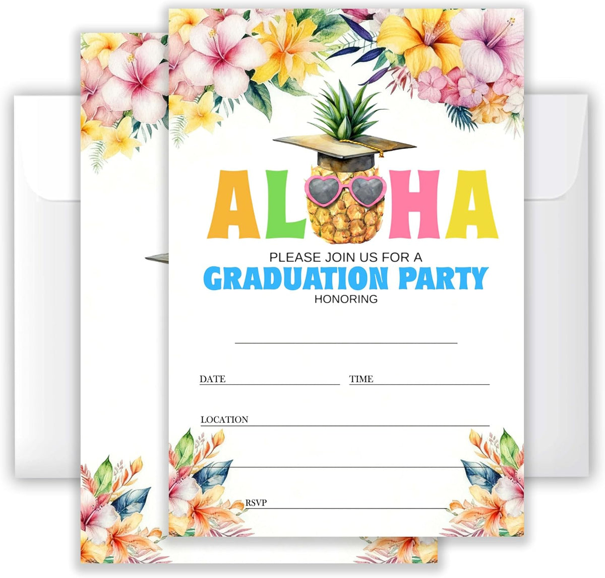 4x6 2026 Aloha Graduation Party Invitations (20 Cards + 20 Envelopes) - Pineapple Tropical Grad Celebration Invites.(018)