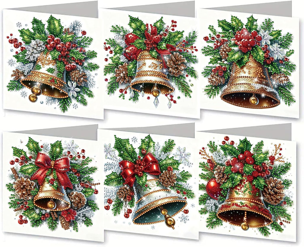 6Pcs Christmas Greeting Card DIY Diamond Art Painting Greeting Cards Blessing Folding Card Kit with White Envelopes Diamond Arts Crafts for Birthday Festival Gift-Bell