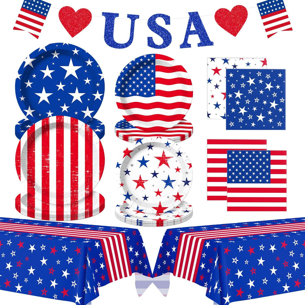 4th of July Decorations - Patriotic Party Supplies Set for 24 - Red White and Blue Tableware Kit with Plates, Napkins, Tablecloth and Glitter Banner for Independence & Election Day