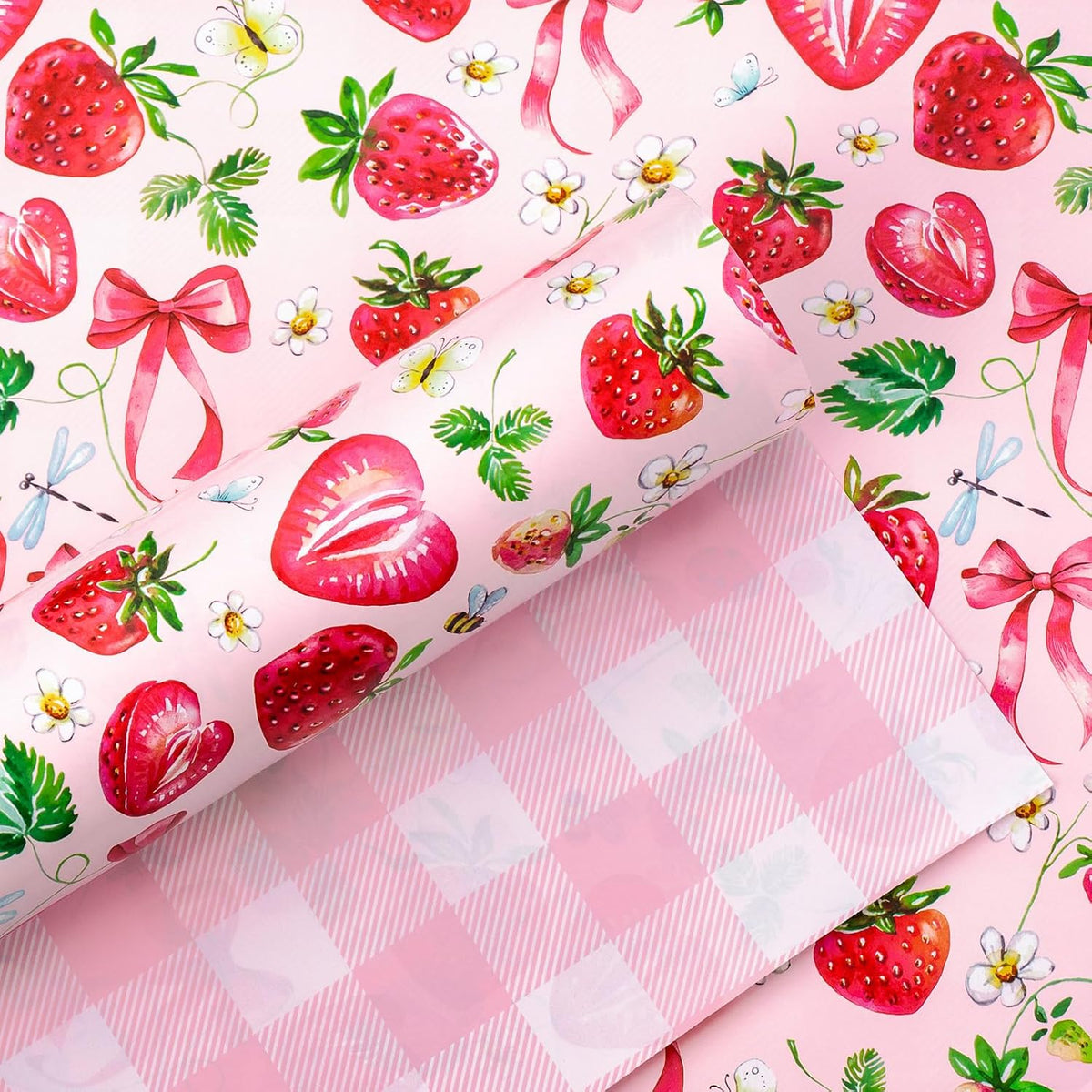 Yarcony Strawberry Wrapping Paper Roll, Cute Bow Gift Wrap, Strawberries, Floral, Butterfly & Plaid Design Pink Wrapping Paper for Girls Birthday, Baby Shower,Valentine's Day(Mini Roll, 17 InX 33 Ft)