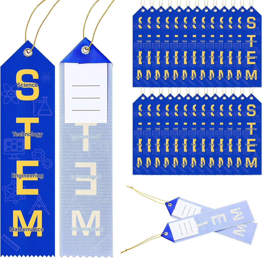 Tingjoo 50 Pcs Stem Award Ribbons 8 x 2 Inches Award Ribbons with Cards and Strings, Prize Achievement Honorable Mention for Team Competition Rewards Participation Gift Prizes