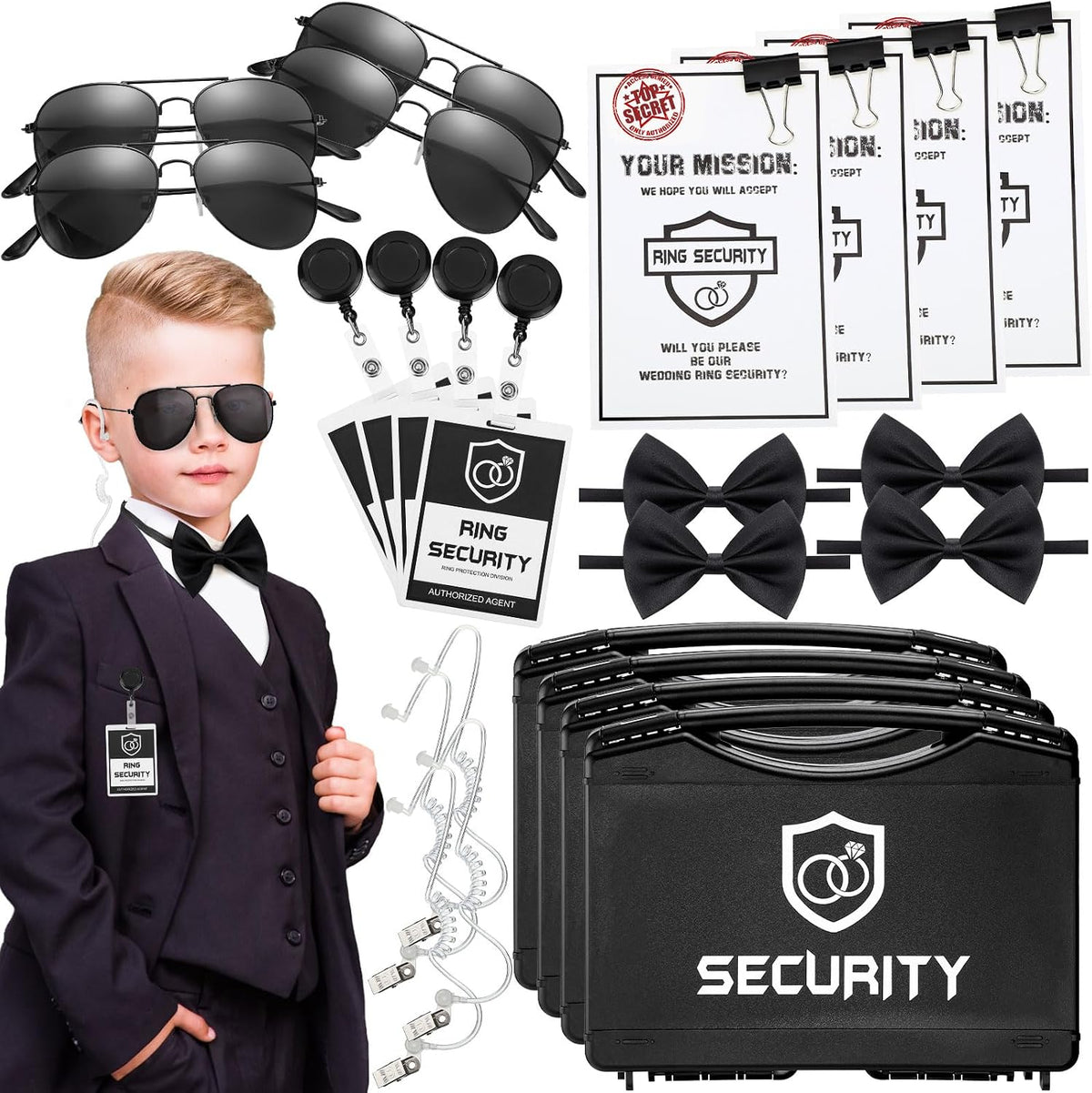 Mepase 28 Pcs Ring Wedding Bearer Security Set Include Ring Bearer Box ID Badge Holder Sunglass Acoustic Earpiece Tube Mission Card with Binder Clip Bow for Kids (4 Pp Suitcase)