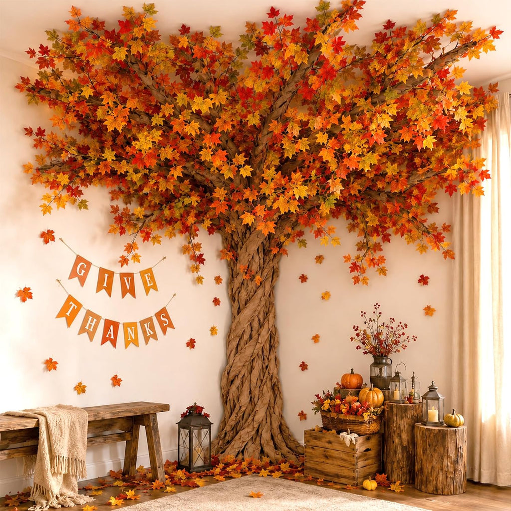 Thanksgiving Classroom Tree Bulletin Board Set Fall DIY 3D Kraft Craft Cardboard Tree with Simulated Maple Leaves Thanks Giving Banner Wall Decor for Autumn Rustic School Elementary Teacher Chalkboard