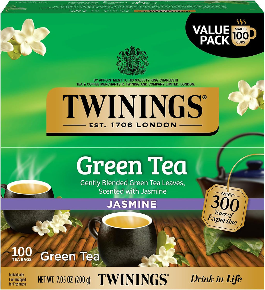 Twinings Green Tea with Jasmine, Caffeinated, Tea Bags, 100 CT Box (1 Pack)