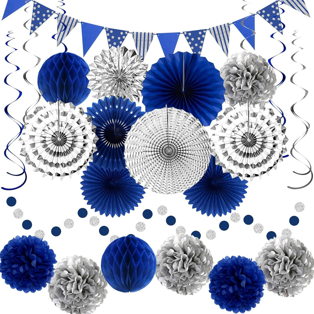 24 Pcs Blue Silver Party Decorations, Paper Fans Pom Poms Banner 8-16 in