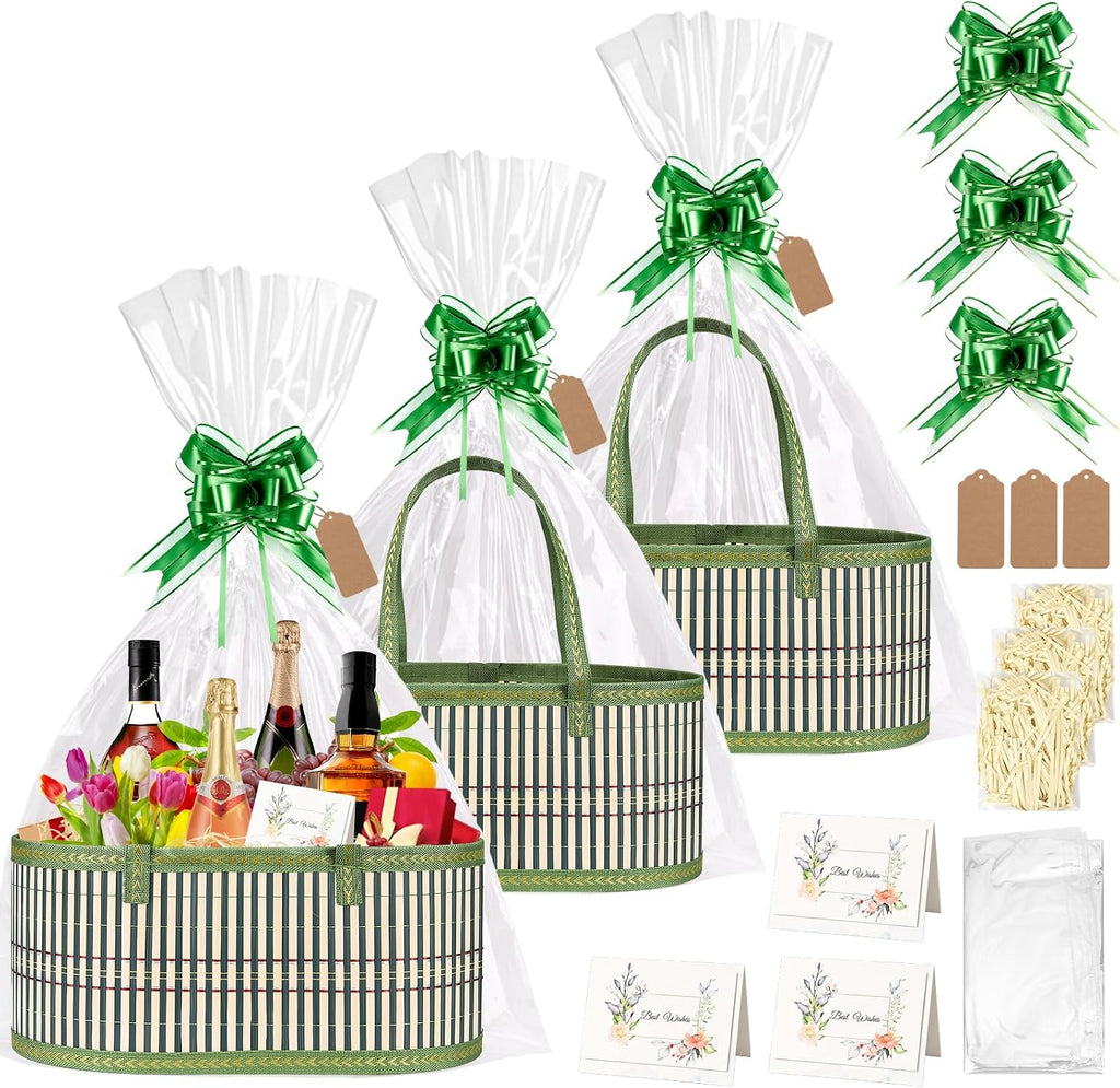 Dreamtop 3 Set Baskets for Gifts Empty, Woven Bamboo Gift Basket Empty Large with Handles, Sturdy Gift Basket Kit Empty to Fill for Christmas Birthday Baby Shower Wedding Gift (Green)