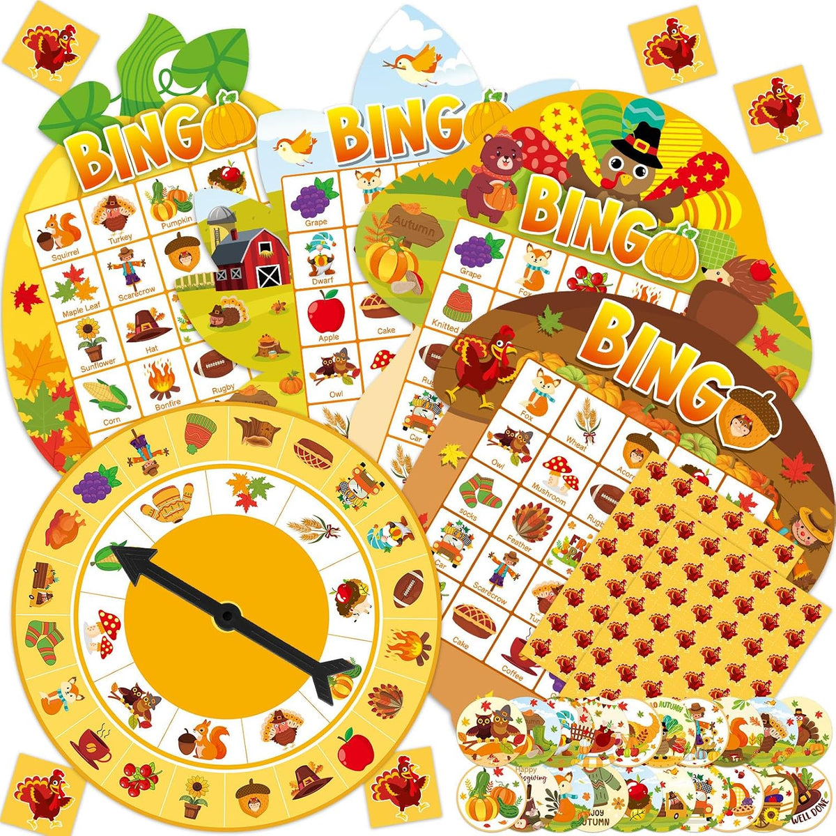 Thanksgiving Bingo Game Cards for Adults 24 Player Fall Harvest Bingo Cards with Turntable Stickers Thanksgiving Autumn Games Set for Party Activities Home Family Party Game