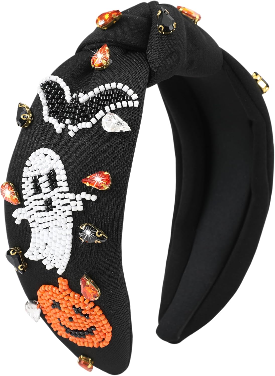 Halloween Jeweled Headbands for Women Beaded Pumpkin Ghost Bat Headband Sparkly Rhinestone Knotted Headband Cute Halloween Costume Headpiece Hair Accessories