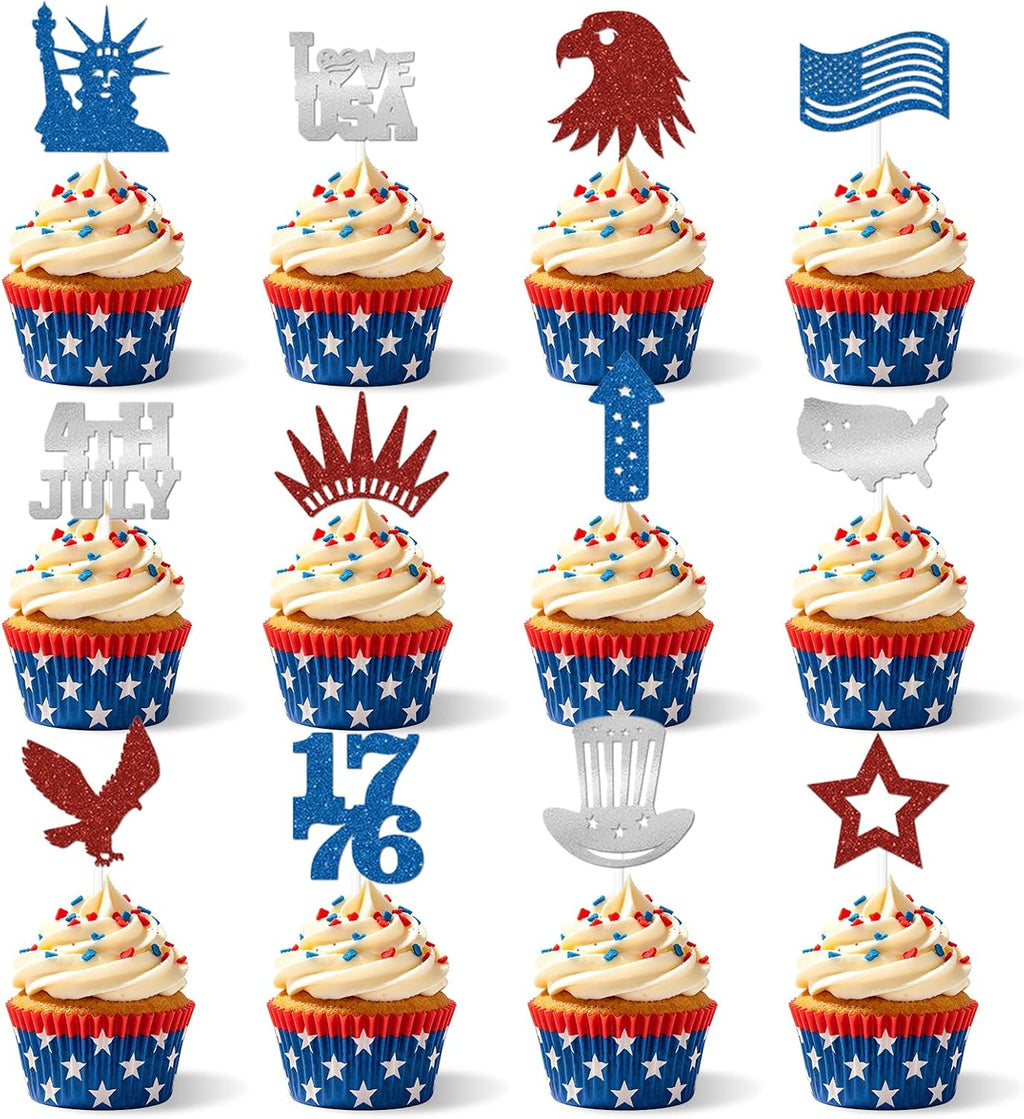 24Pcs Independence Day Cupcake Toppers, Glitter 4th of July Cake Decoration