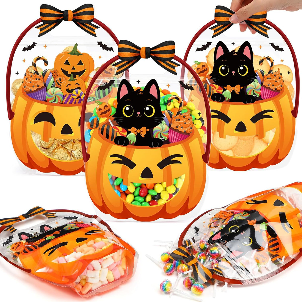 Fuutreo 25 Pcs Halloween Treat Bags with Handles, Black Cat Plastic