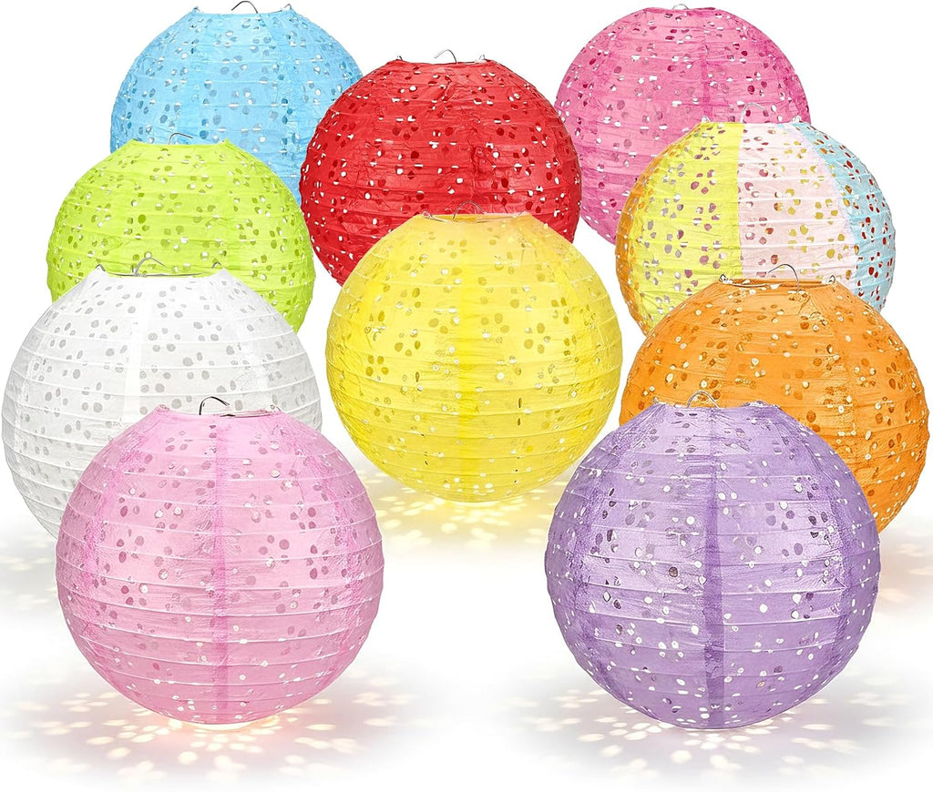 10Pack Paper Lanterns Chinese Japanese Hanging Paper Lanterns with LED Lights Sticks Tassels 8 Inch Round for Chinese Lunar New Year Decorations 2026 Spring Festival Wedding Asian Home Party Decor