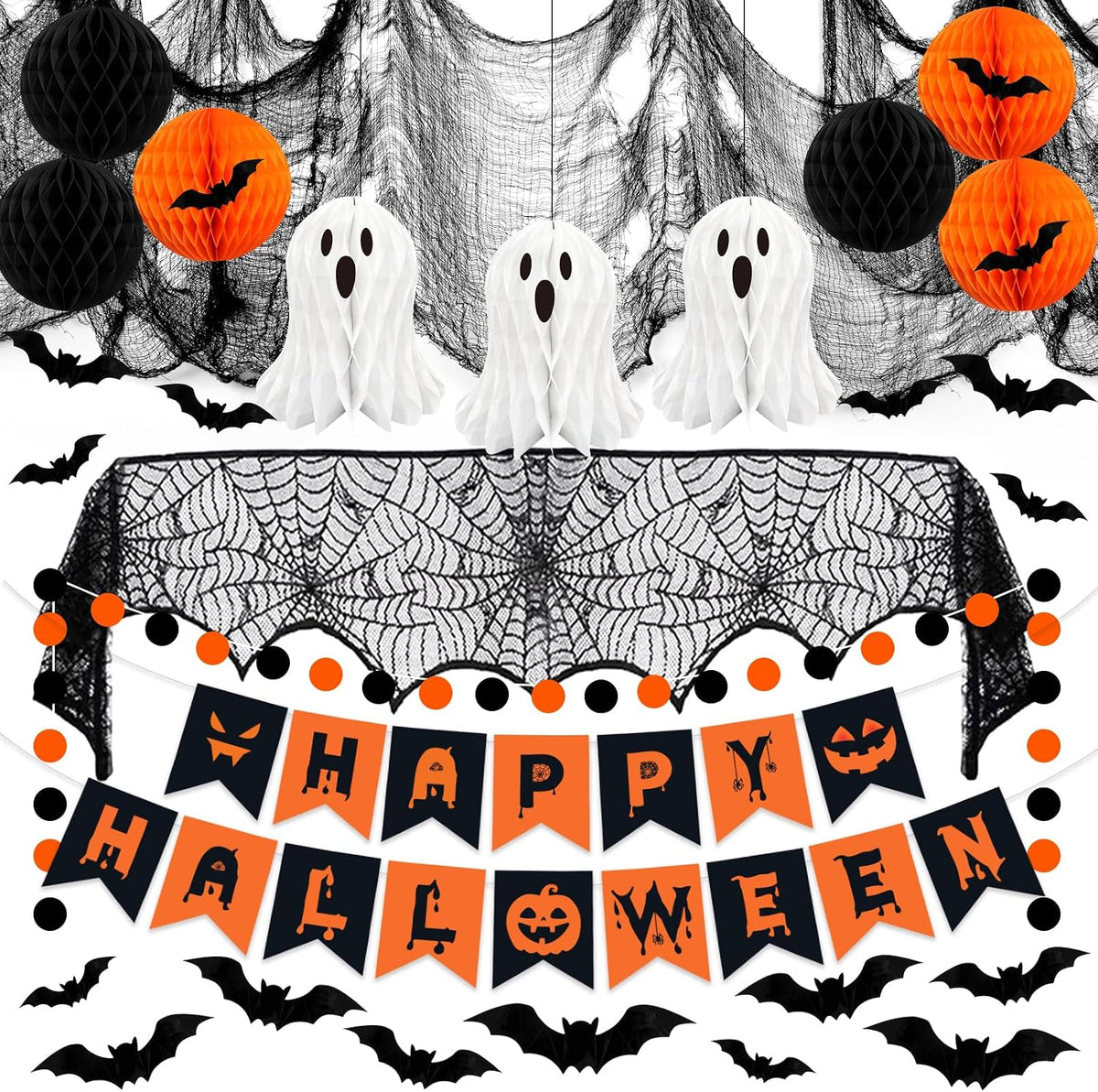 Halloween Party Decorations, 29Pcs Halloween Indoor Decorations Kit with Mantel Scarf Creepy Cloth Fabric Hanging Ghost Happy Halloweens Banner 3D Bat Stickers for Home Fireplace Wall Decor