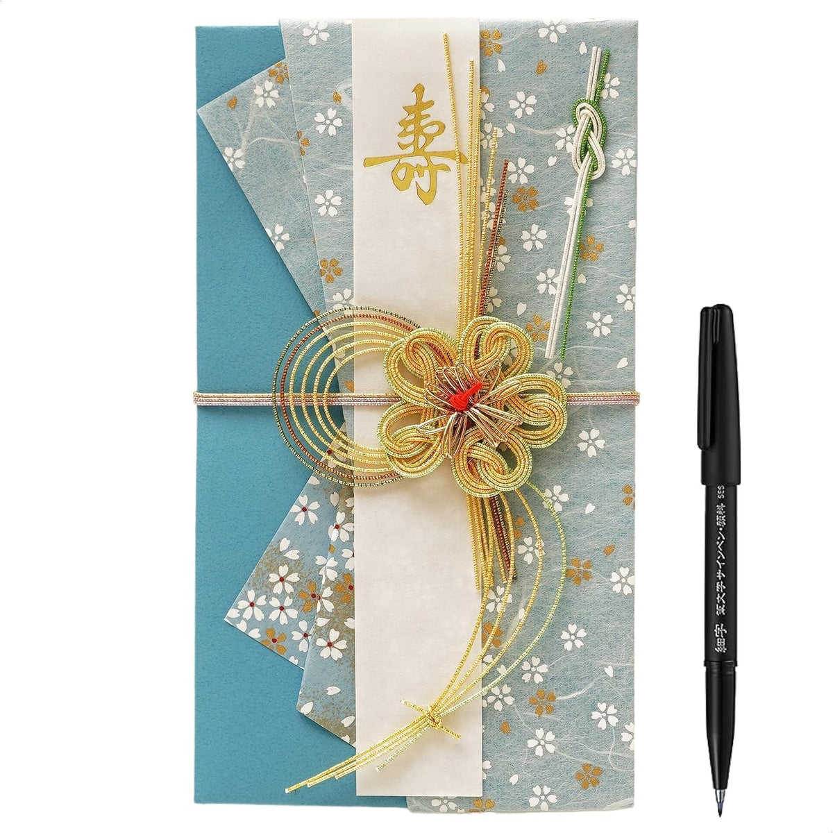 Traditional Japanese Money Gift Envelope Set for Weddings, Shugi Bukuro with Elegant Mizuhiki Cord and Calligraphy Brush Pen, Floral Blue 'Karei' (30,000 Yen Gift Size)