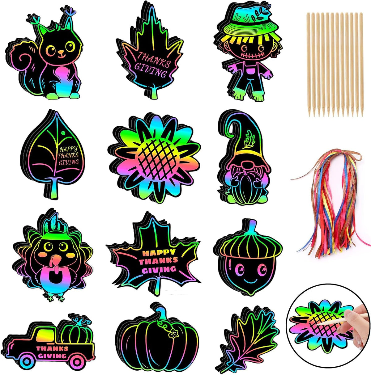 JULMELON 36Pcs Fall Thanksgiving Scratch Art for Kids, Magic Rainbow Paper