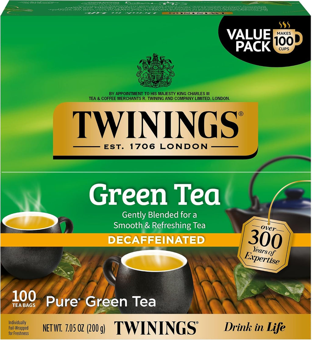 Twinings Decaffeinated Green Tea Individually Wrapped Bags, 100 Count (Pack of 1), Smooth Flavour, Enticing Aroma, Enjoy Hot or Iced, 100 Teabags