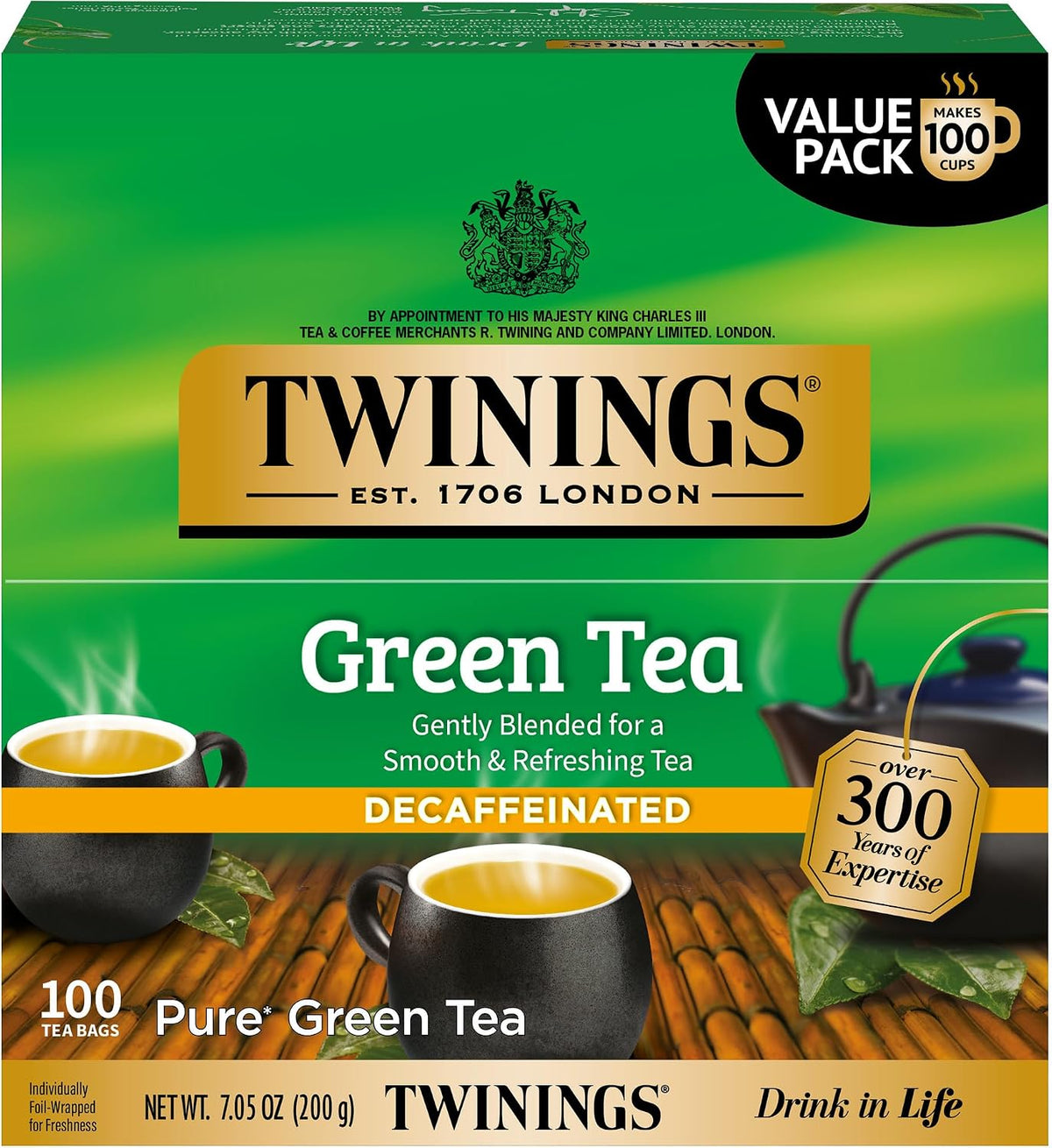 Twinings Decaffeinated Green Tea Individually Wrapped Bags, 100 Count (Pack of 1), Smooth Flavour, Enticing Aroma, Enjoy Hot or Iced, 100 Teabags