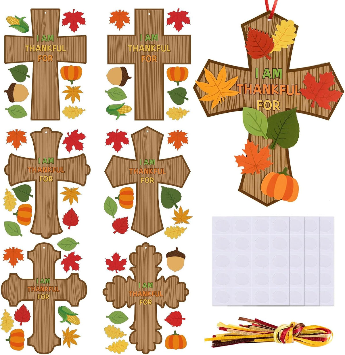 MoDooris 24 Set Fall Cross Craft Kits DIY Thanksgiving Christian Decors Make Your Own Religious Cross Hanging Ornament with Leaf Cutouts for Kids Classroom School Sunday Church Thankful Activity