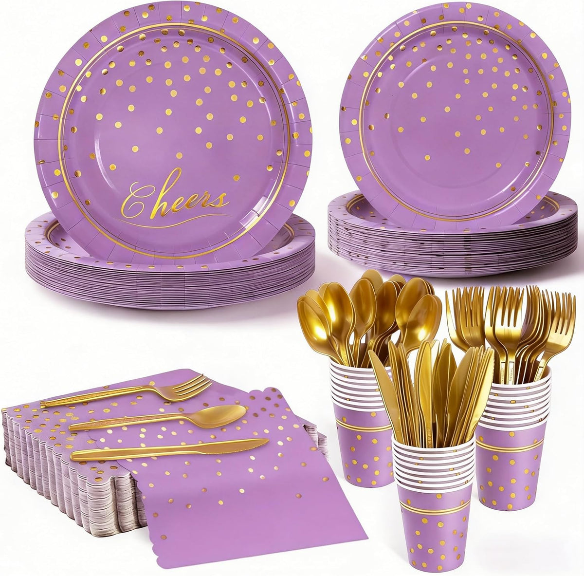 168Pcs Purple and Gold Paper Plates and Napkins Party Supplies for 24 Guest