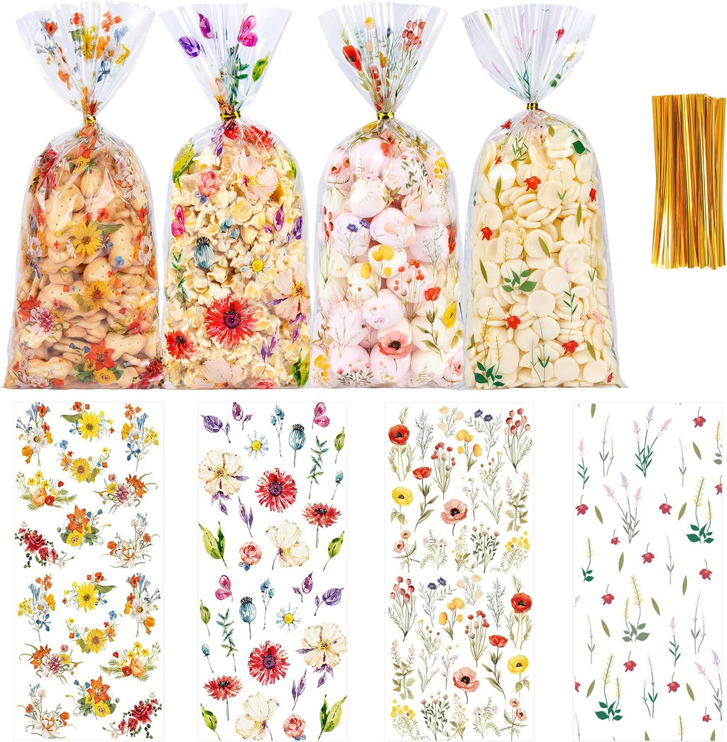 50 Pcs Wildflower Cellophane Treat Bags - 5 x 11 Inch Clear Floral Goodie Bags with Ties for Cookies, Snacks & Gift Packaging, Wildflower Candy Bag for Baby Bridal Shower, Bday, Wedding Party Favors