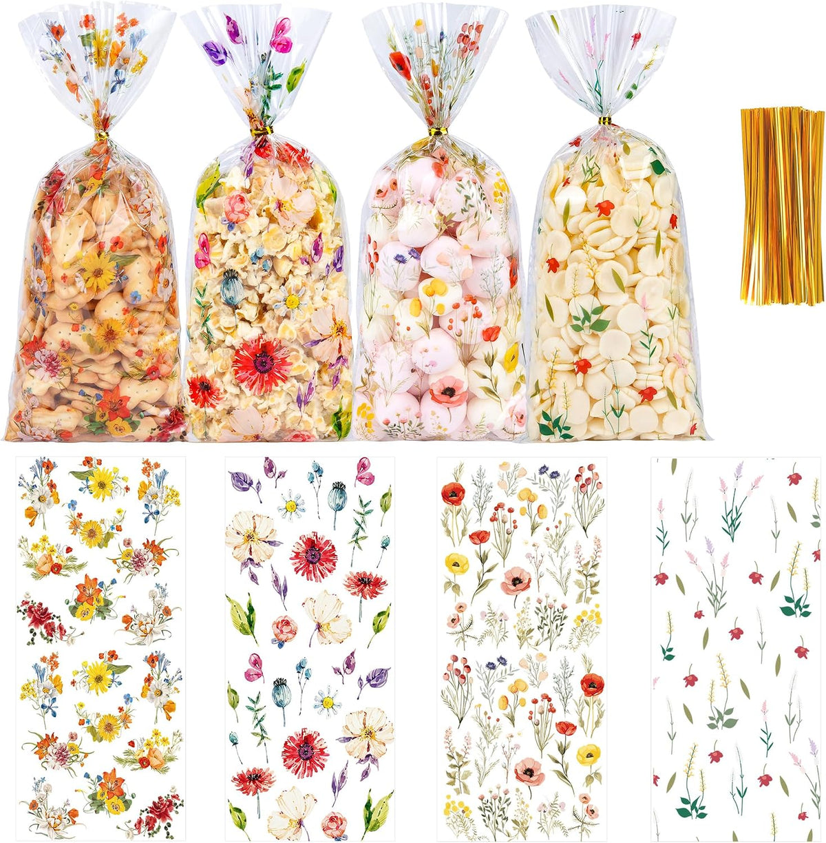 50 Pcs Wildflower Cellophane Treat Bags - 5 x 11 Inch Clear Floral Goodie Bags with Ties for Cookies, Snacks & Gift Packaging, Wildflower Candy Bag for Baby Bridal Shower, Bday, Wedding Party Favors