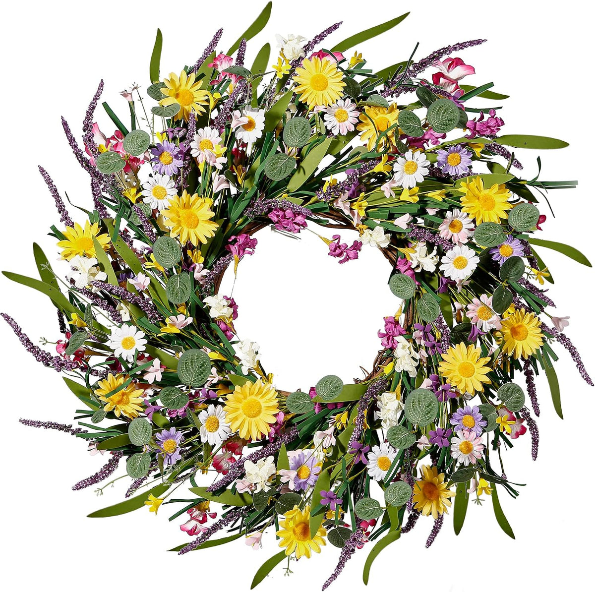 J'FLORU Artificial Spring Wreath Summer Wreaths for Front Door Floral Wreath with Daisy and Lavender for Indoor Outdoor Easter Celebration (18 Inch)