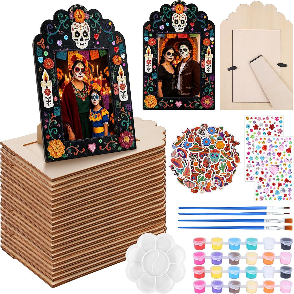 Fovths 24 Packs Dia De Los Muertos Picture Frame Painting Craft Kit with Stickers Wooden Day of the Dead Altar Decorations Remembrance Supplies Sugar Skull Marigold Ofrenda Decorations