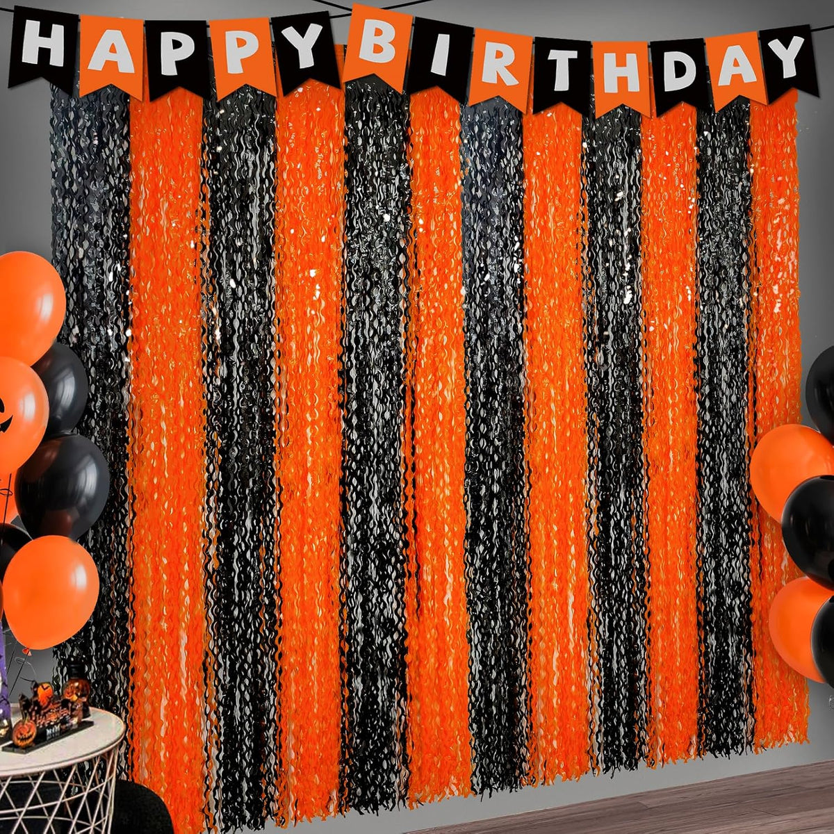 3 Pack Halloween Backdrop, Halloween Photo Backdrop Party Supplies with Happy Birthday Banner, Orange Black Foil Fringe Curtains Set for Birthday Halloween Party Decoration