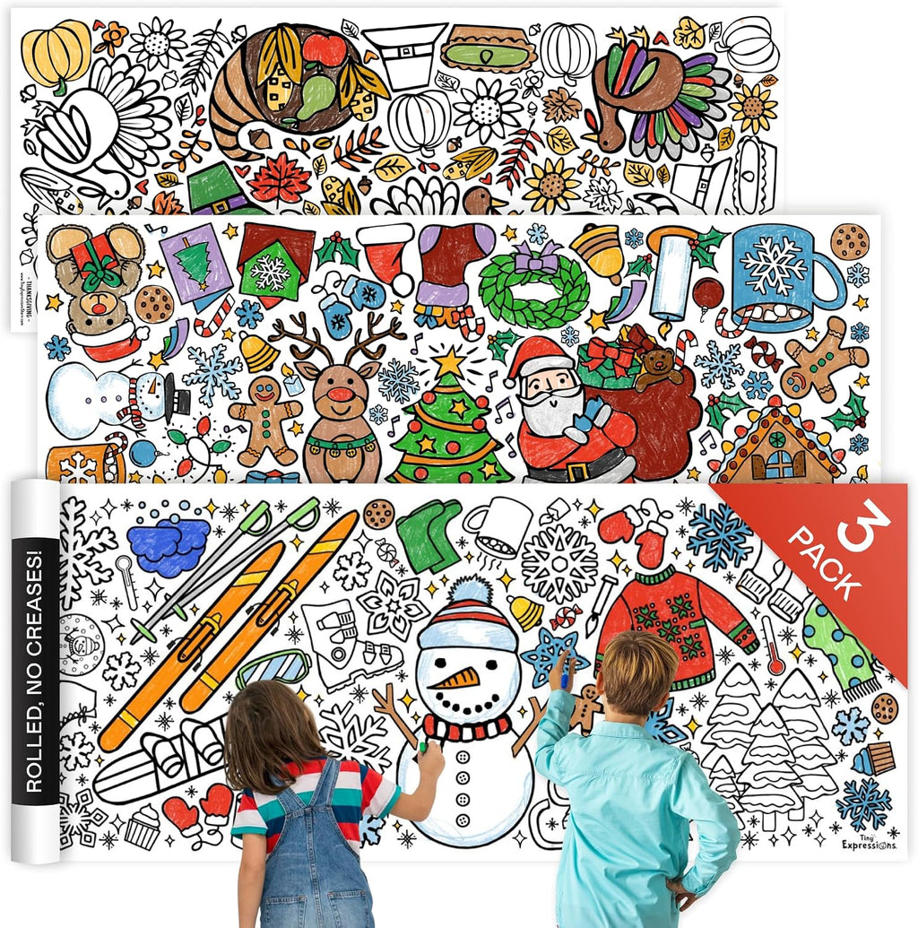 Tiny Expressions 3-Pack Large Holiday Coloring Tablecloth for Kids
