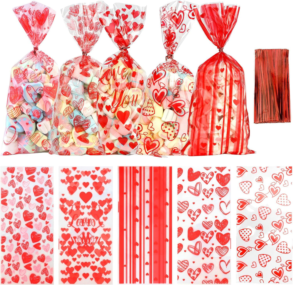 Valentine Treat Bags, 200 Pcs Valentines Cellophane Bags, Plastic Clear Red Valentine Candy Cookie Gift Goodie Snack Bag with 100 Pcs Twist Ties for Valentines Wedding Party Favor Supplies, 5 Styles