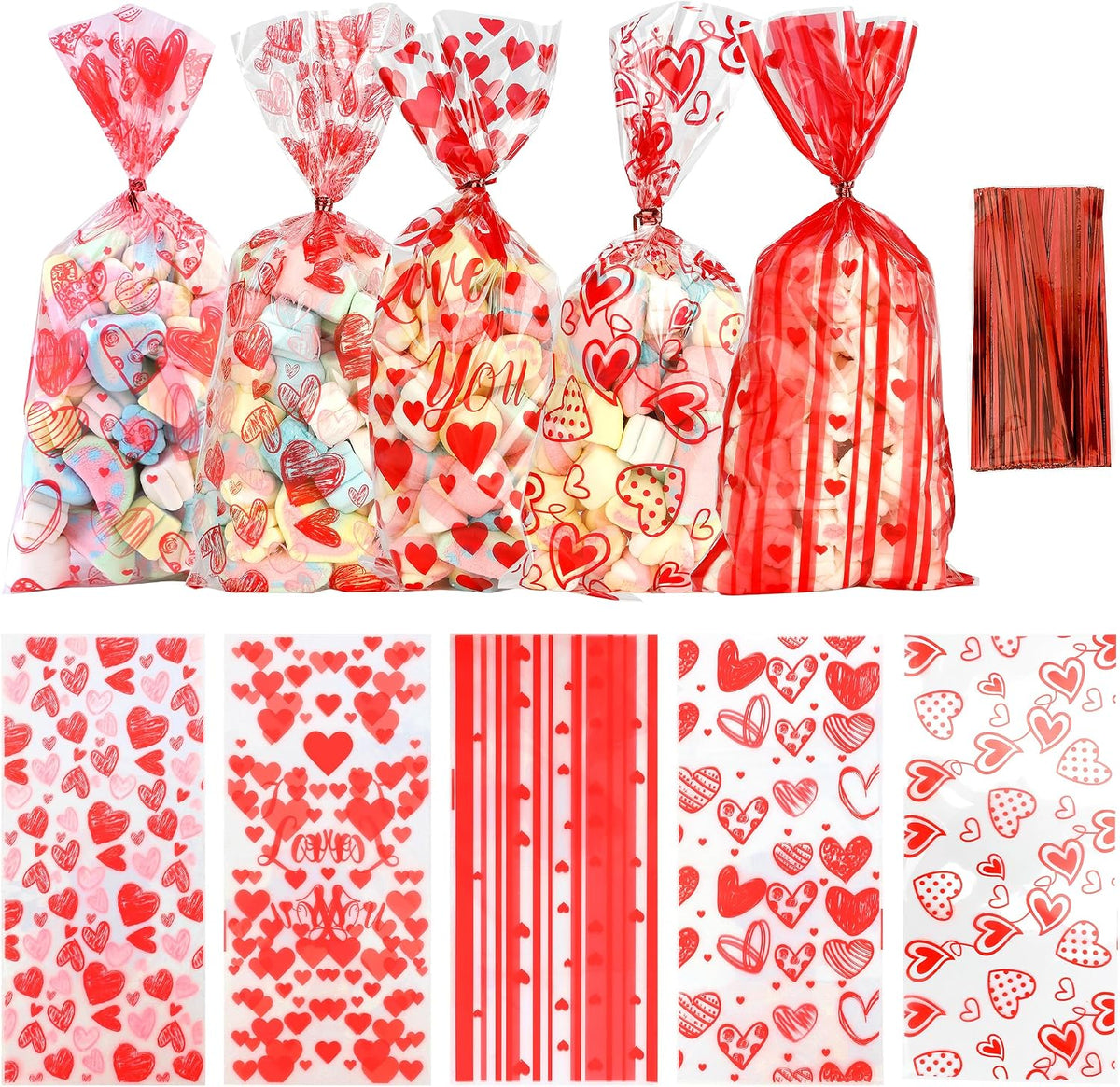 Valentine Treat Bags, 200 Pcs Valentines Cellophane Bags, Plastic Clear Red Valentine Candy Cookie Gift Goodie Snack Bag with 100 Pcs Twist Ties for Valentines Wedding Party Favor Supplies, 5 Styles