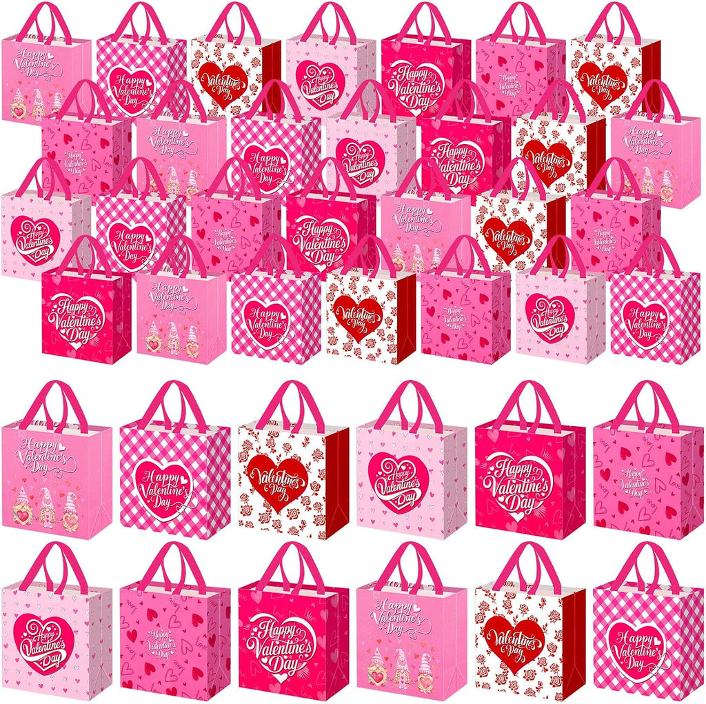 Wesnoy 48 Pcs Valentine's Day Gift Bags Bulk with Handle Non Woven Reusable Pink Red Heart Bags Valentine's Day Candy Bag for Classroom Gift Exchange, Goodies Wrapping Party Favors, 11.4x10.6x4.7 Inch