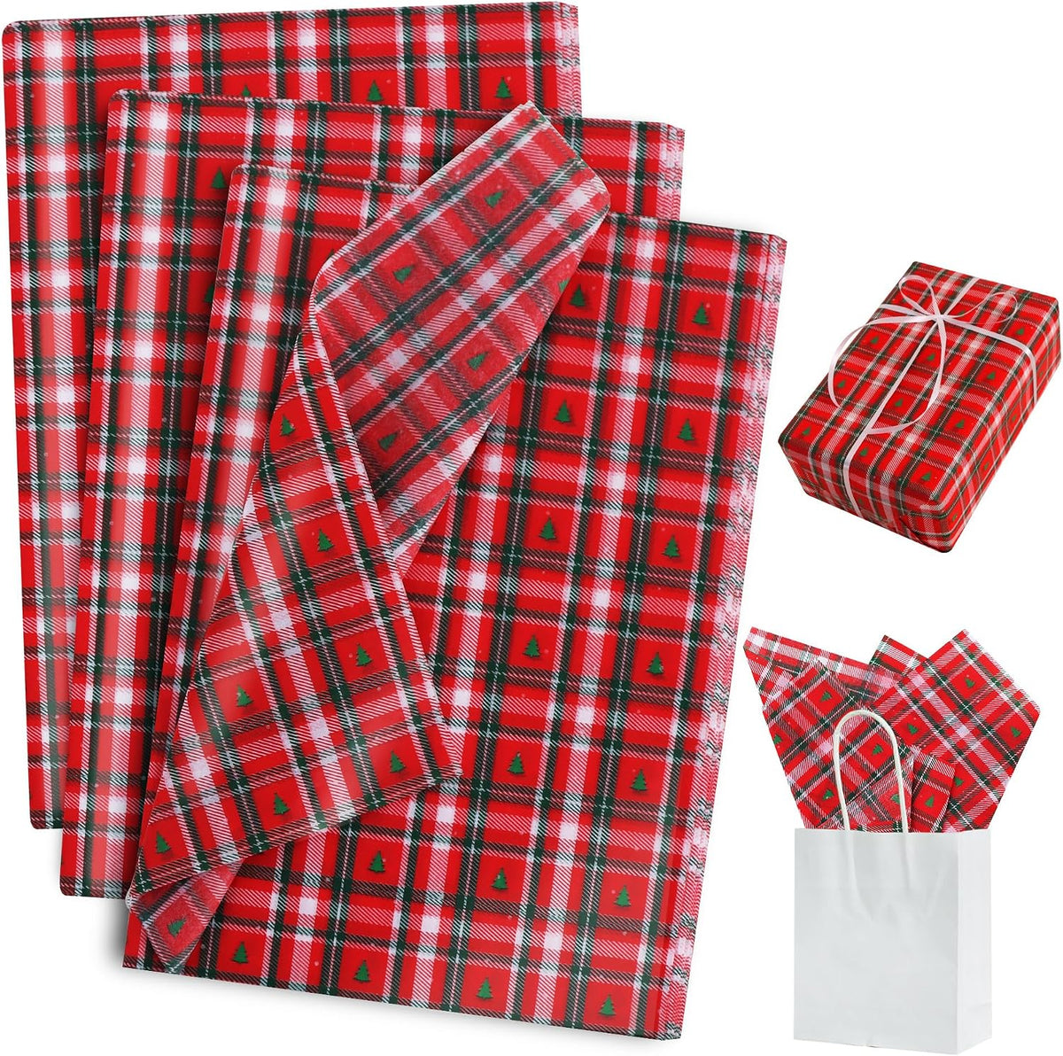 BEISHIDA Christmas Gingham Tree Tissue Paper Bulk，Red and Green Buffalo Plaid Wrapping Tissue Paper for Gift Bags, 14 x 20 Inch Gift Wrap for Christmas Party DIY Crafts Decor Holiday Flowers-50pcs